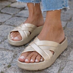 Lemon Jelly Beige Gold Slide Sandals Cross Strap Platform Size 37